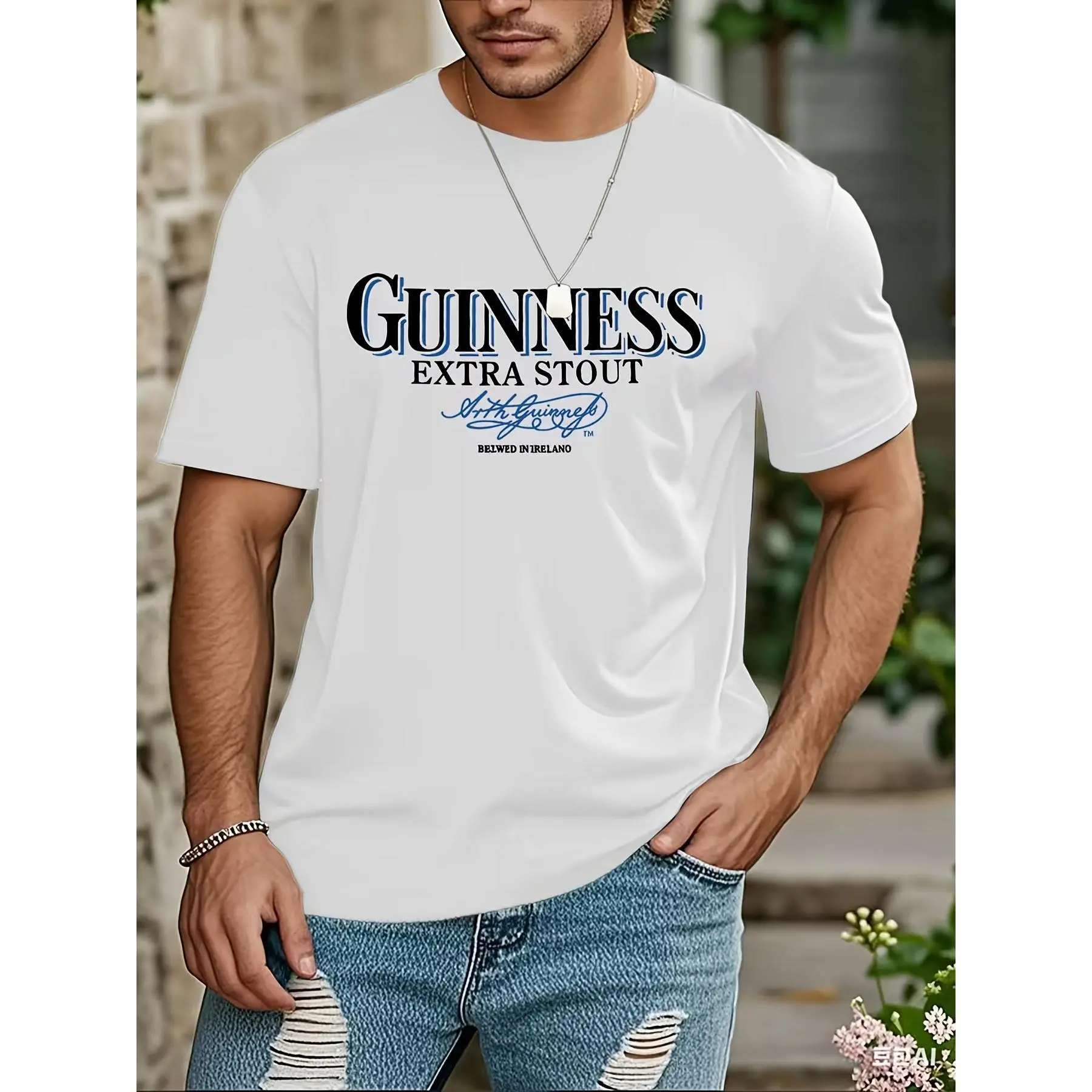 Men's T Shirts - Guinness Extra Stout Classic Irish Beer Unisex Crew Neck, Soft Cotton White Short-Sleeve, Relaxed Fit, Digital Print Vintage Brand Graphic Logo Text, Casual Streetwear Top for Beer Pub Lovers, Pair with Jeans, Daily Size
