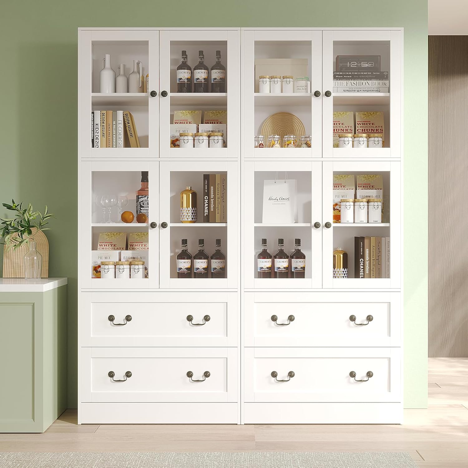 VOWNER 78.7" H Bookcase with Glass Doors, 4-Tier Bookshelves with 2 Drawers, Modern Display Storage Cabinet for Home Office, Living Room, White