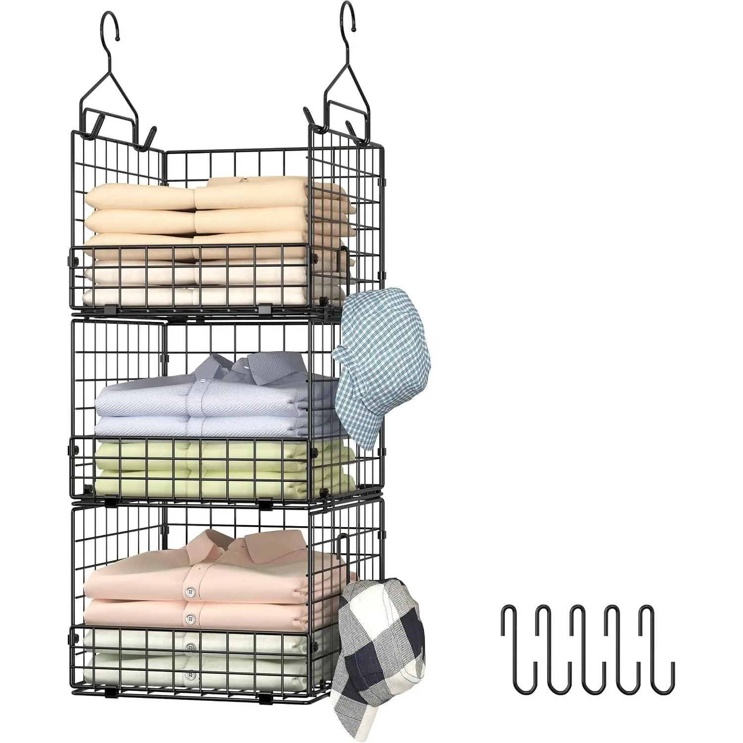 3-Tier Hanging Closet Organizer with Storage Wire Basket Bins - Foldable, Stackable, 5 S Hooks - Space-Saving Shelf for Clothing, Sweaters; Versatile for Kitchen Fruit Containers, Laundry, Wall Mounting, Metal, Vegetable
