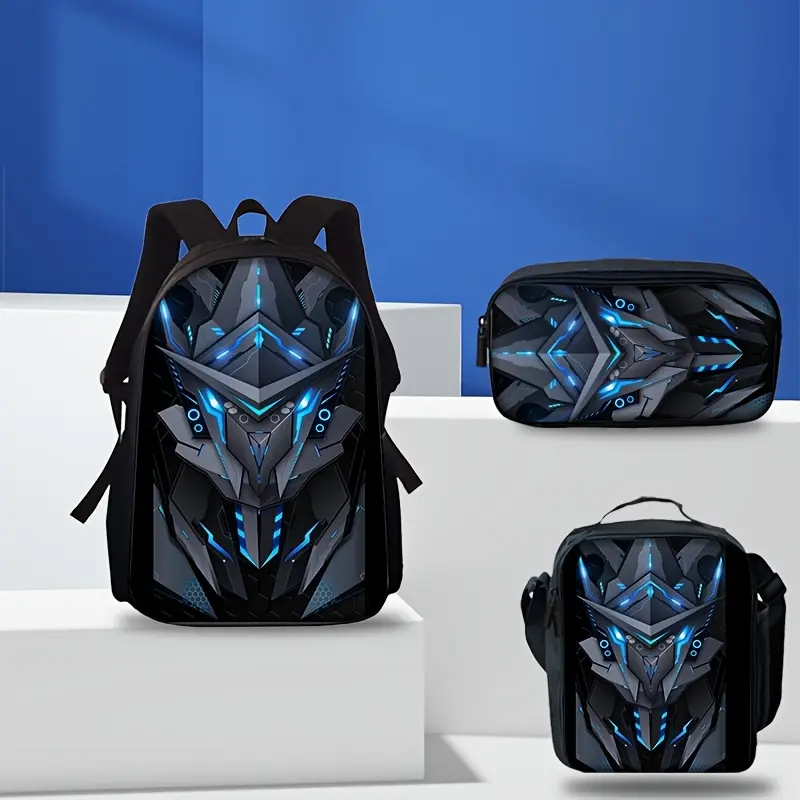 This 3-piece set features a striking blue mecha print, perfect for both work and street style. The print placement may differ slightly from the image; please refer to the actual product. bookbag