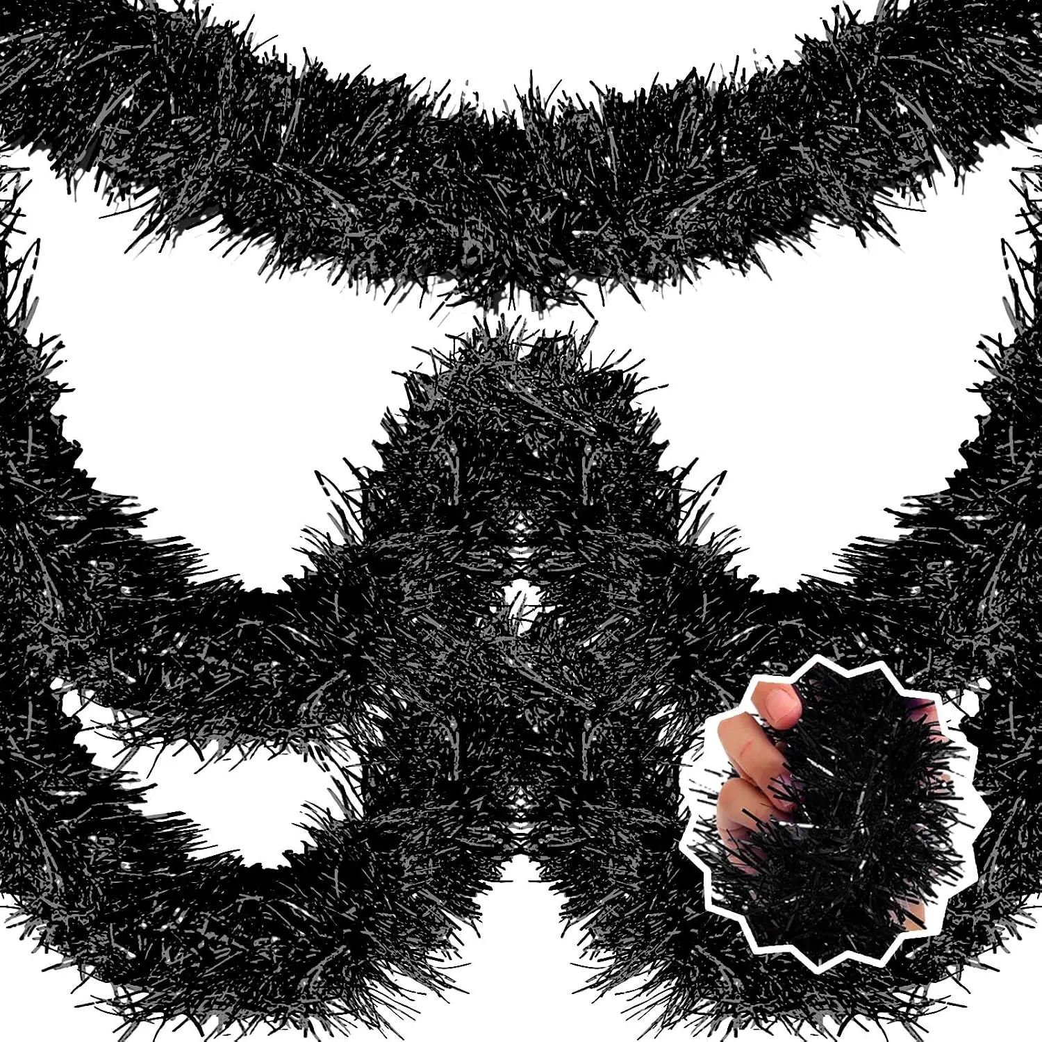 25  Black Christmas Tinsel Garland, Metallic Foil Twist Banner Wall  Tinsel Streamers Backdrop for Parade Floats, Christmas, Mother's Day, Birthday Party Decorations(4in x 25ft)