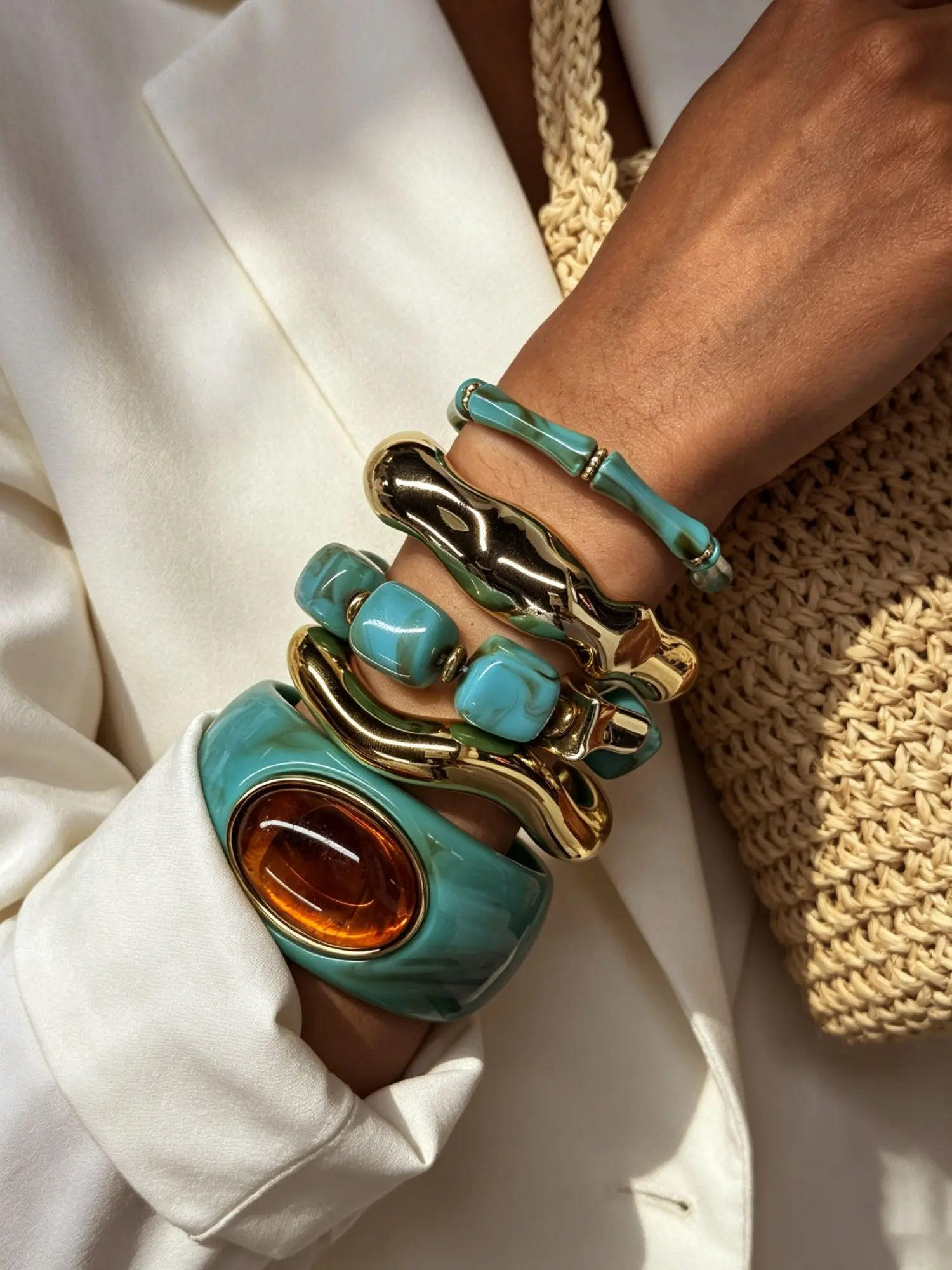 5 Pcs Women's Fashion Bracelets, Boho Vintage Resin Beads, Elastic Open-End Wristbands, Perfect for Daily Wear, Gifts, Parties