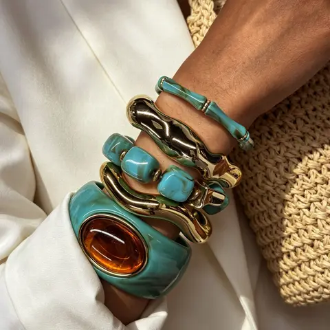 5 Pcs Women's Boho Vintage Resin Bead Bracelet Set, Elastic & Open-End Wristbands, Perfect for Daily Wear, Gifts, Parties