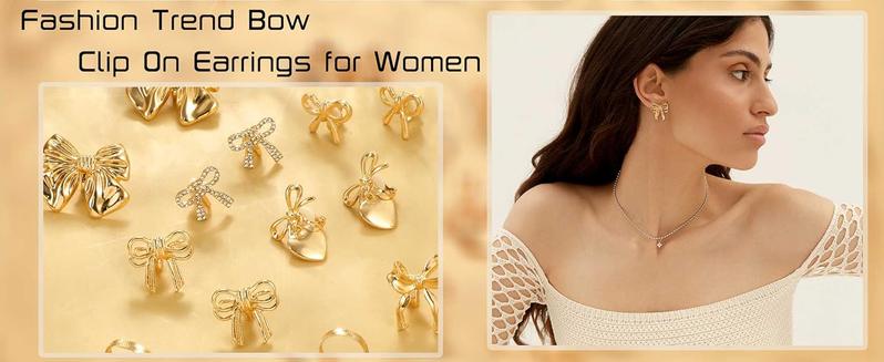 THUNARAZ 7 Pairs Diverse Golden Bow Clip on Earrings Non Piercing Ribbon Long Dangle Drop Tassel Ear Clips for Women Sparkly Jewelry Gift Set for Birthday Music Festivals Parties Important Occasions Christmas Gift