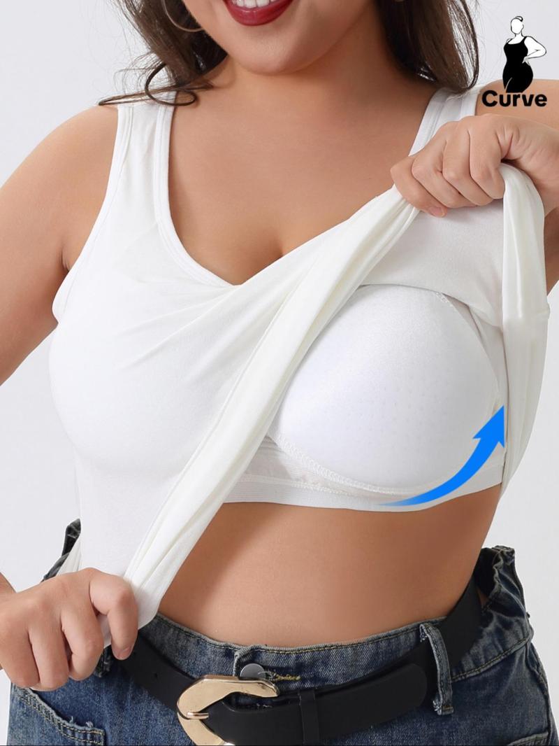 【Plus Size】 Solid Color Wireless Tanks, Soft Comfortable Breathable Tanks with Built in Bra, Women's Underwear for Daily Wear