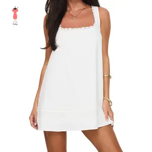 Women Loose Mini Dress Casual Summer Lace Patchwork Square Neck Sleeveless Party Dress for Beach Club Streetwear