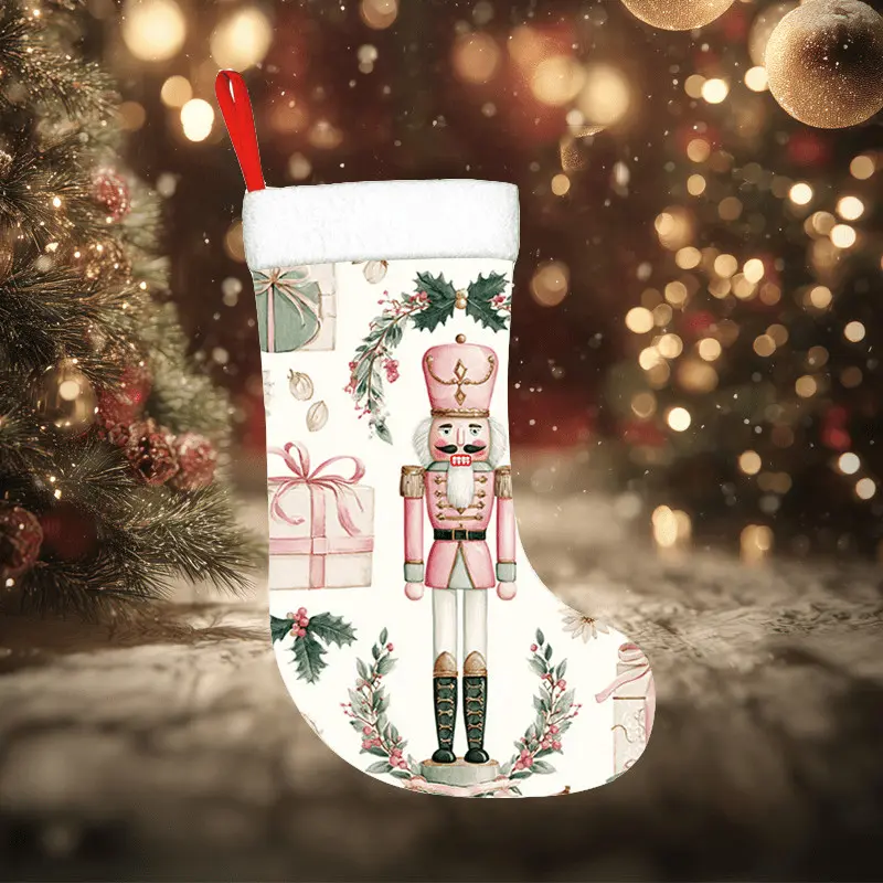 Single 18inch 2D Flat Christmas Stockings,Nutcracker Holly Gift Box Print Xmas Stockings Polyester Sock for Christmas Party Fireplace Hanging Decorations
