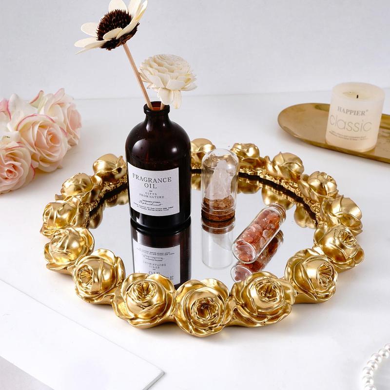 Rose Design Mirror Tray, 1 Count Exquisite Modern Style Desktop Makeup Storage Organizer, Desktop Makeup Organizer for Home Office Dormitory Bathroom, Bathroom Counter Organizer