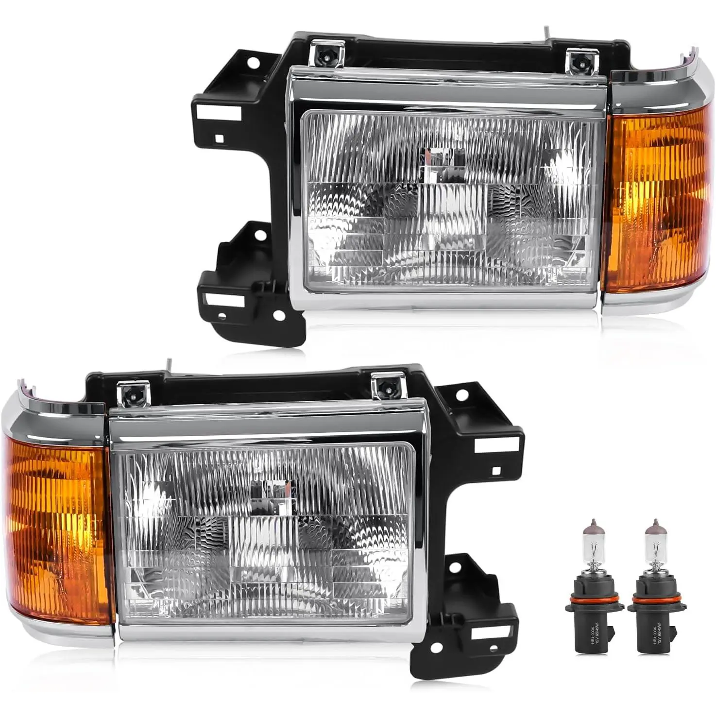 Halogen Type Car Headlight Assembly Pair Set with Chrome Trim - OE-Style Replacement for Ford Bronco, F-150, F250, F350, F450 Trucks (1987-1991 Fit), Compatible with E9TZ13008C/D
