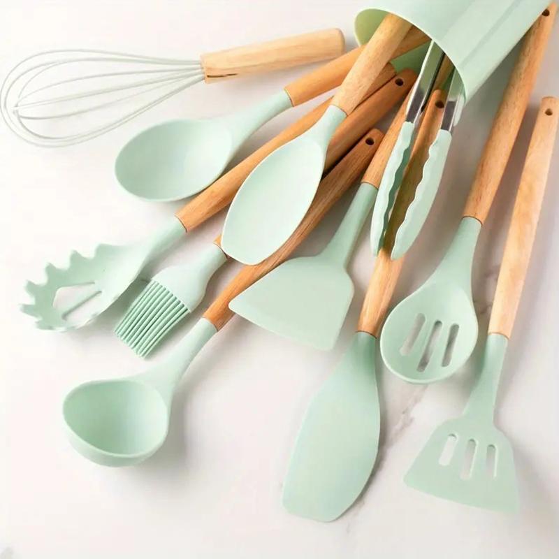 Silicone Cooking Utensils Set with Wooden Handle (12pcs/set), Non-stick Spatula Set, Kitchen Cooking Utensils Set, Birthday Gift Ideas, Kitchen Gadgets Utensil Set, Back To School Candy Kitchen Accessories, Fall Decor, Home Decor