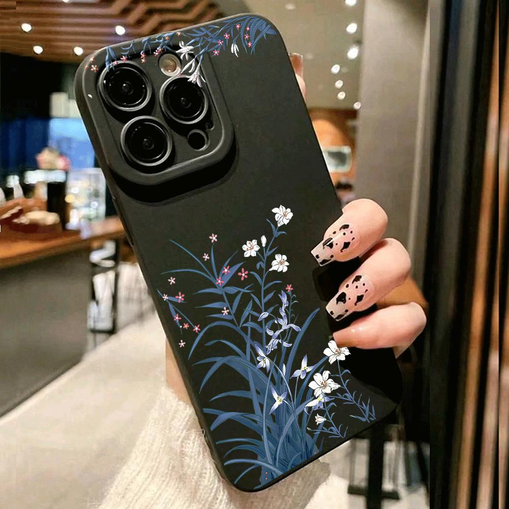 1pc black matte phone case with floral illustrations of plants and green leaves, suitable for iPhone 17/17Pro/17Air/17ProMax/16/16Pro/16Plus/16ProMax/15/15Pro/15Plus/15 ProMax/14/14Plus/14Pro/14ProMax