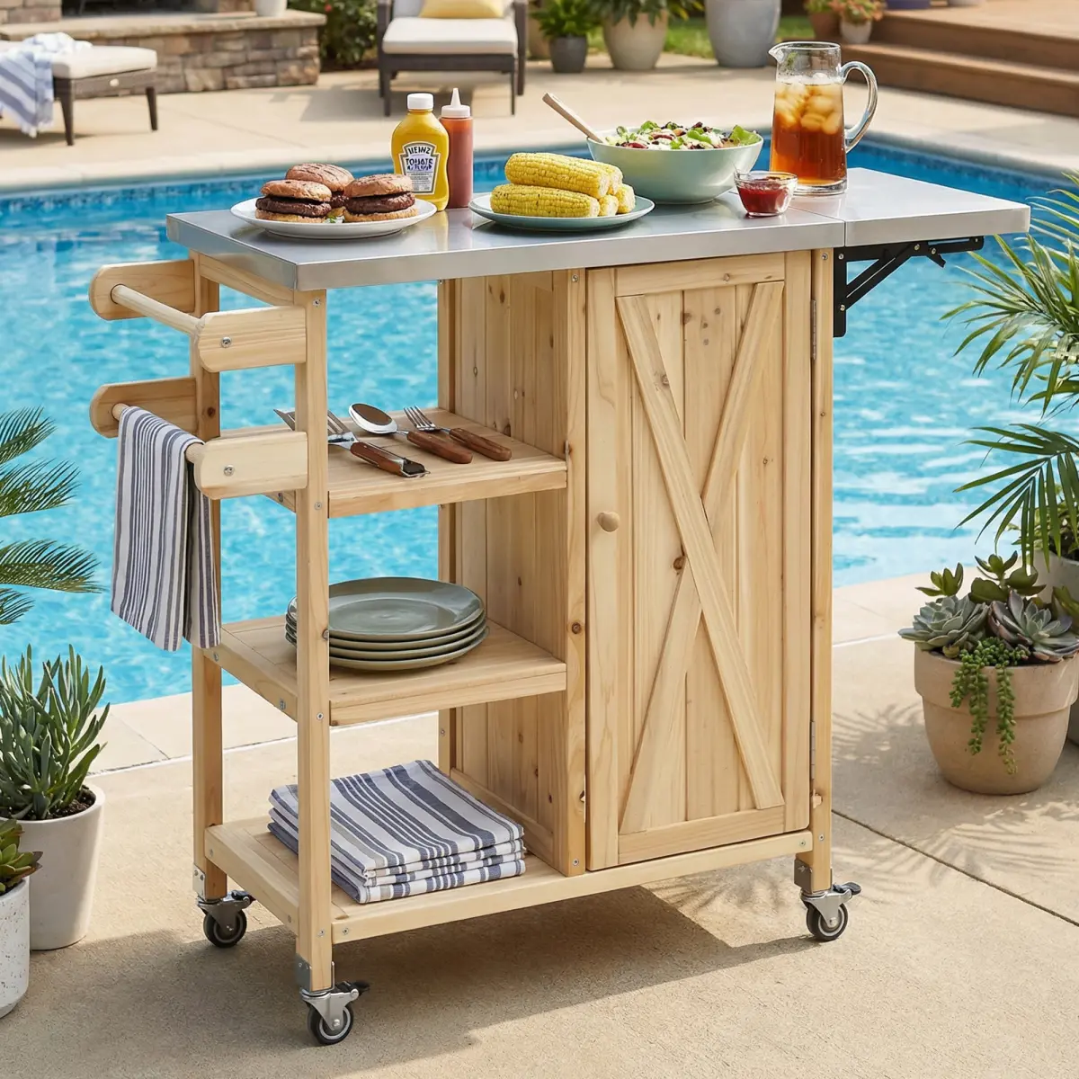 Foldable Outdoor Kitchen Island Patio Kitchen Island Outdoor Kitchen Cart Portable Prep Station with Lockable Wheels, Storage Cabinet and Towel Rack for Patio and Outdoor, Natural