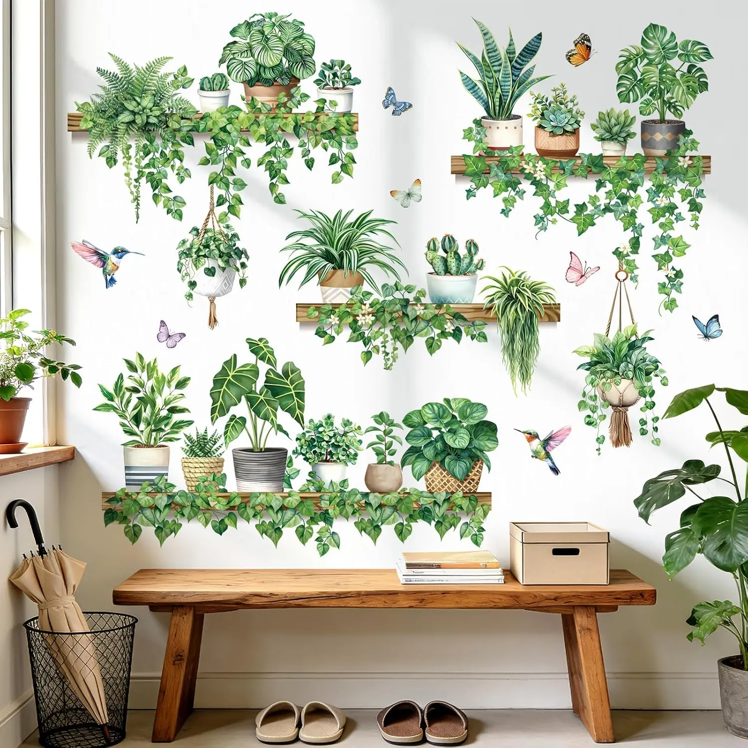 Green Pot  Wall Stickers Tropical Leaf  Vines Leaves Bird Wall  Living Room Tv Background Bedroom  Decor