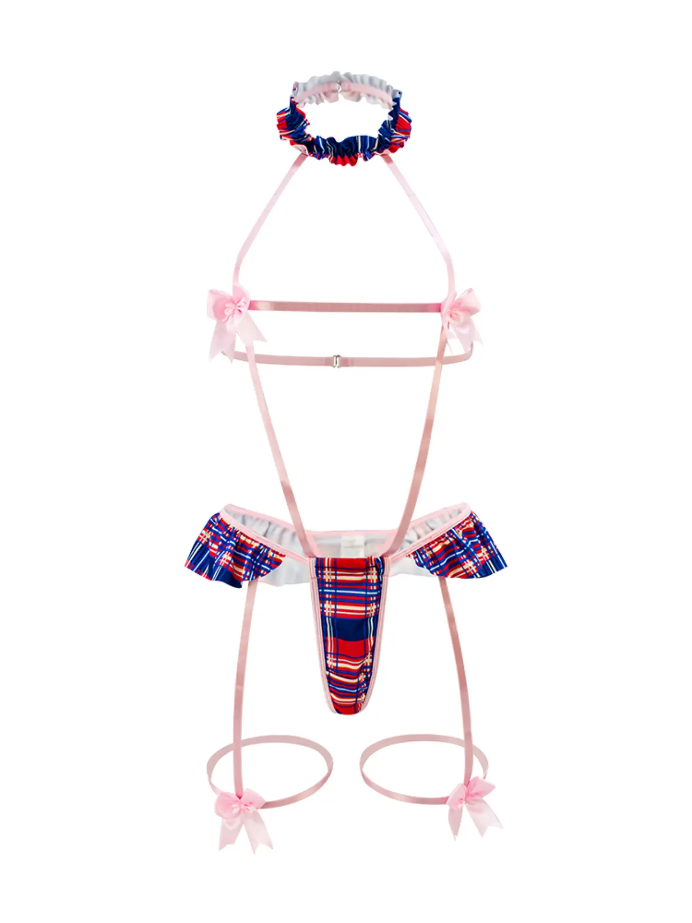 Women's Soft Skin-Friendly Milk Silk Plaid Halter Bodysuit Lingerie, Bow Accent, Cute Romantic Design, Full Cut-Out Seductive Nightwear  curvy dormir elegante clothes haul Underwear Cutout Bodysuit