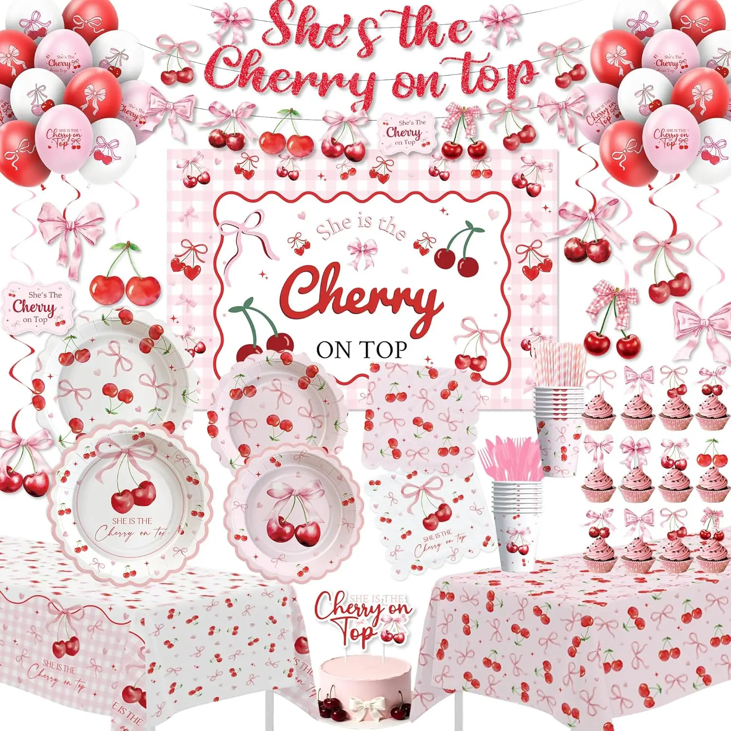 She’s the Cherry on Top Decorations for Birthday Wedding Baby Bridal Shower, Bows Cherry Birthday Party Supplies, Plate, Napkin, Cup, Banner, Backdrop, Tablecloth, Swirl, Balloon, Serves 24