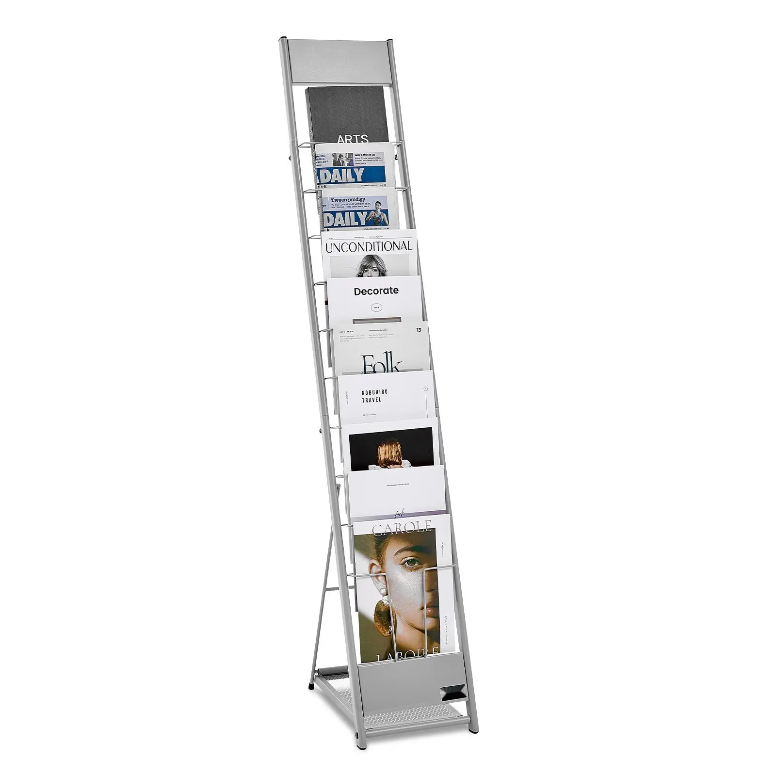 Brochure Display Rack With Ten Pockets, Magazine Literature Display Stand, Portable Floor Standing Magazine Rack, Metal Newspaper Catalog Holders For Shop, Exhibitions, Office, Trade Show, Retail, Conference, Classroom, Silver
