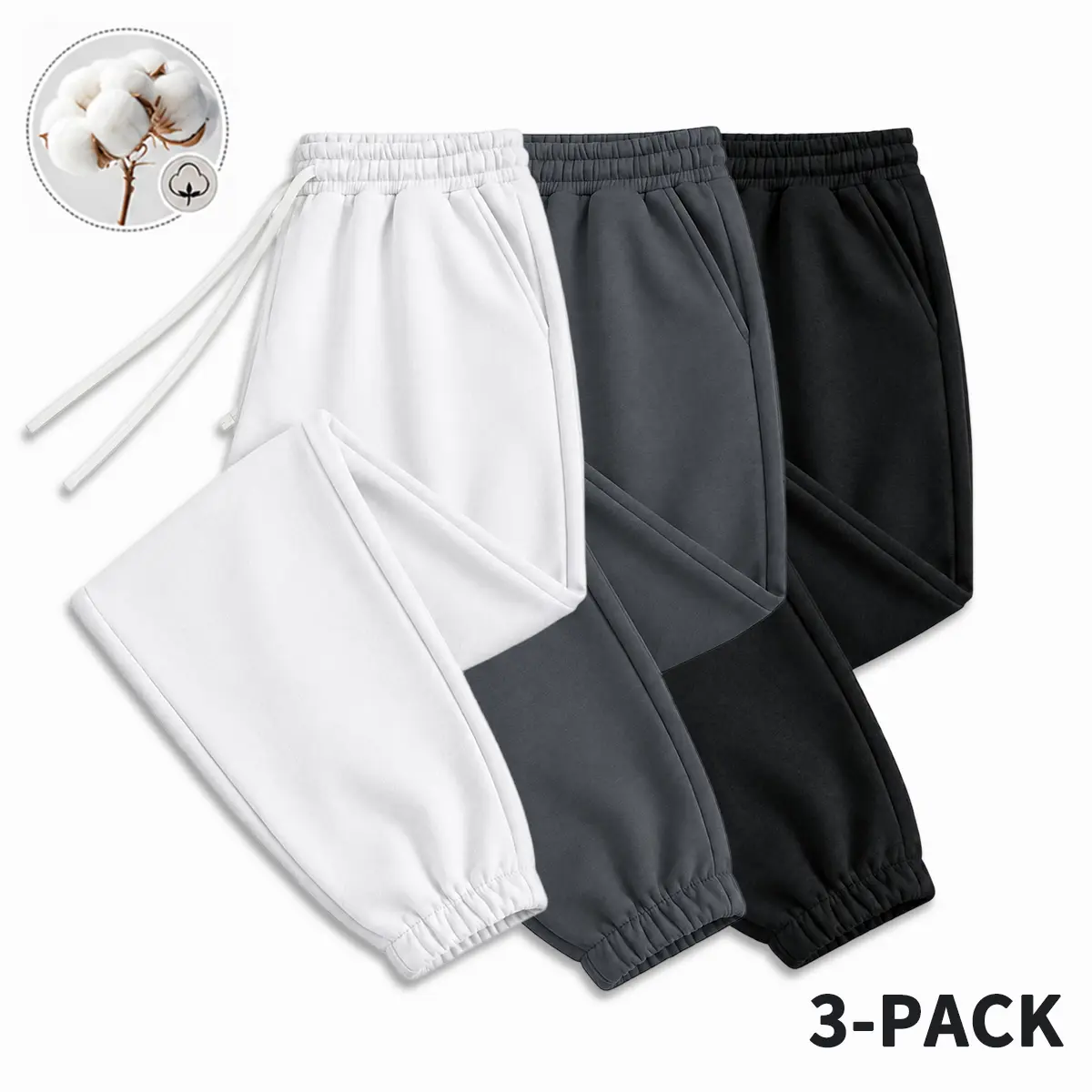 Solid-color cotton athletic sweatpants, 3-pack, elastic waistband with drawstring, cuffed ankles, unisex, for home and outdoor casual wear, long pants