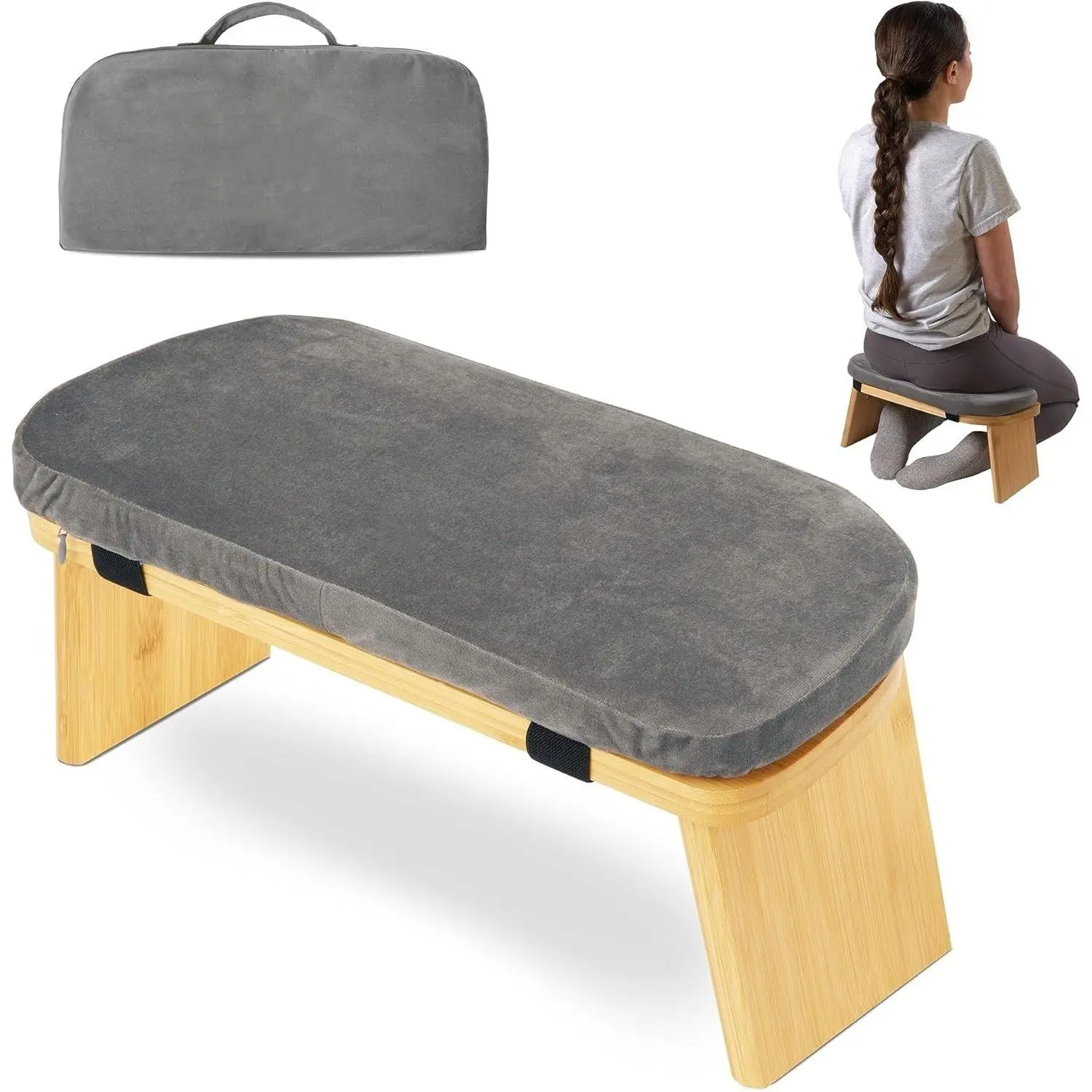 Bamboo Folding Meditation Bench with Velvet Cushion & Carry Bag Portable Kneeling Stool Comfortable Prayer Bench for Mindfulness Zen Practice