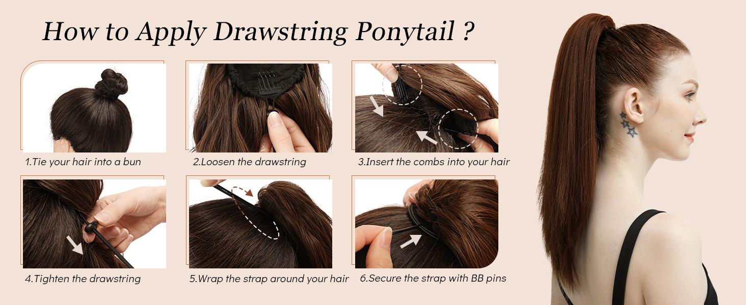 FESHFEN Straight Ponytail Extensions Long Drawstring Natural Synthetic Pony Tail Hair Pieces Clip in Ponytails Hairpieces for Women