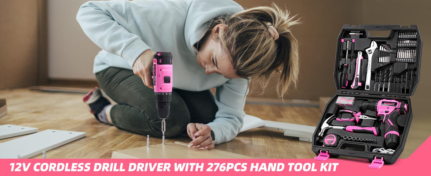 147 Piece Pink Power Drill Drivers Tool Set with 12V Cordless Drill, Professional Household Home Tools Kit Set, DIY Pink Electric Drill Cordless Hand Tool Box for Women