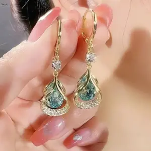 Gold Tone Teardrop Gemstone Hoop Dangle Earrings Crystal Pavé Pink Blue White Lightweight 4.2cm Comfortable Daily Wear Party Special Occasion Gift Women Girls Fashion Jewelry Accessory