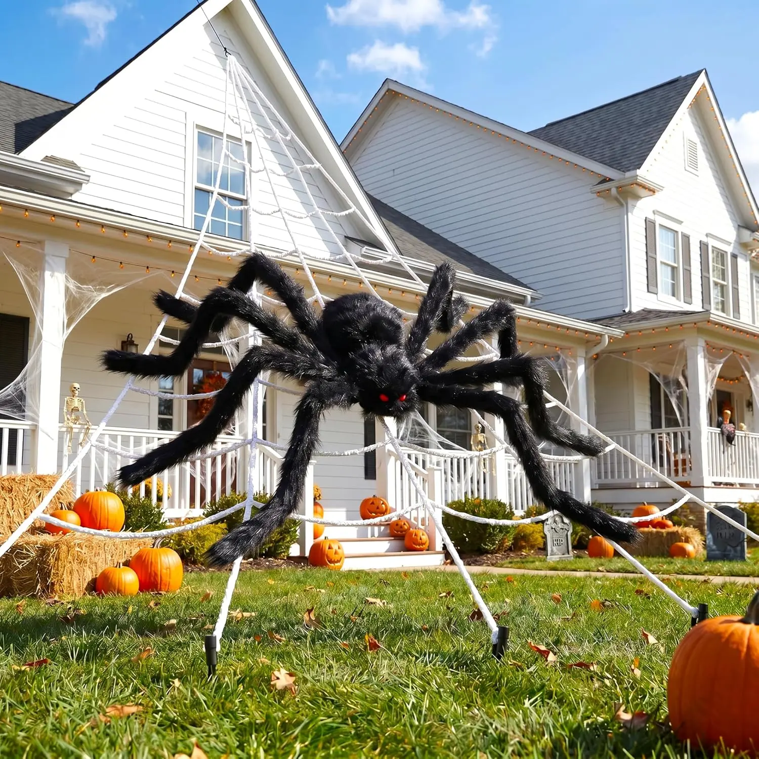 236'' Big Spider Web Halloween Decor+70'' Huge Spider for Roof with Triangular Big Web for on House Outside and Inside