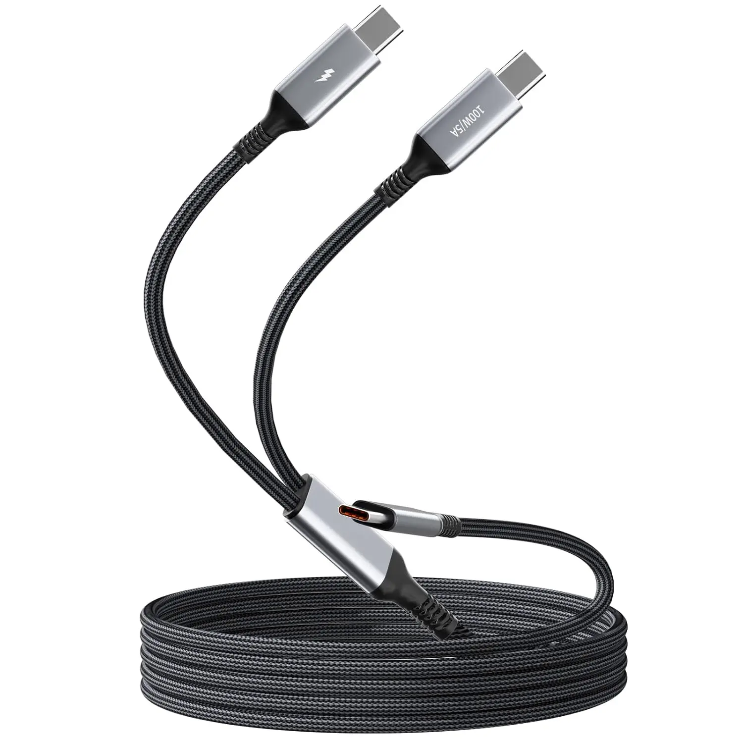 4FT 2-in-1 USB-C to USB-C    100W Max, Simultaneous  for 2 Devices for  17/17 Pro Max/16 Series,MacBook Air/Pro,and (Braided,Black)