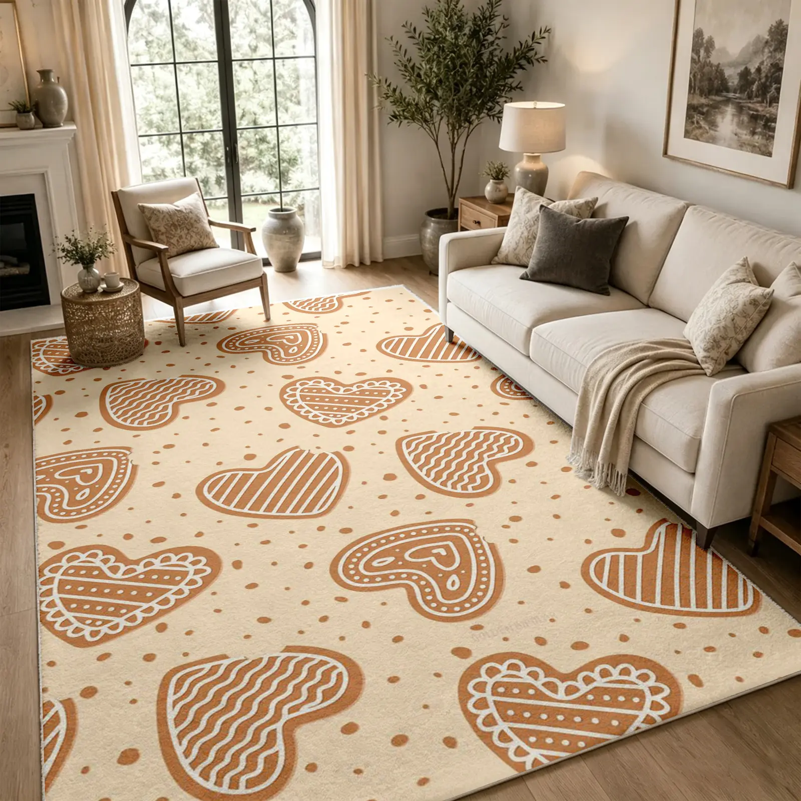 [Moving Season]Cute Gingerbread Heart Area Rug, Cream Brown Pattern Carpet, Soft Faux Cashmere, Non Slip Washable Floor Cover for Living Room Bedroom Dining Room Office, Charming Home Decor, Home Decor (Various Sizes)