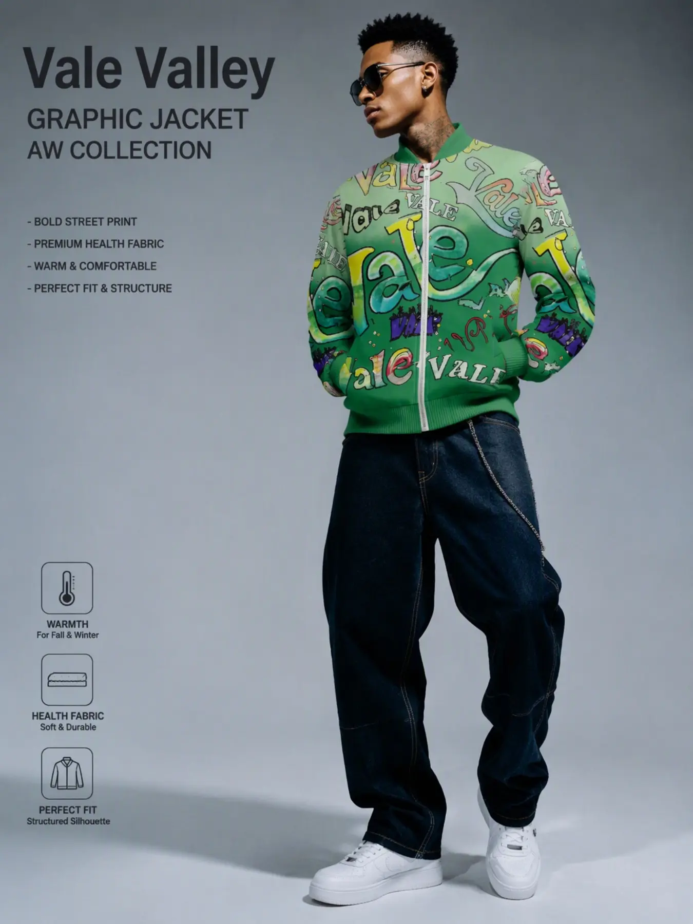 Men's Graffiti Letter Full Zip Long Sleeve Bomber Jacket, Retro Bubble Font Print Baseball Collar Windproof Jacket, Hip Hop Streetwear Fall Winter Outerwear