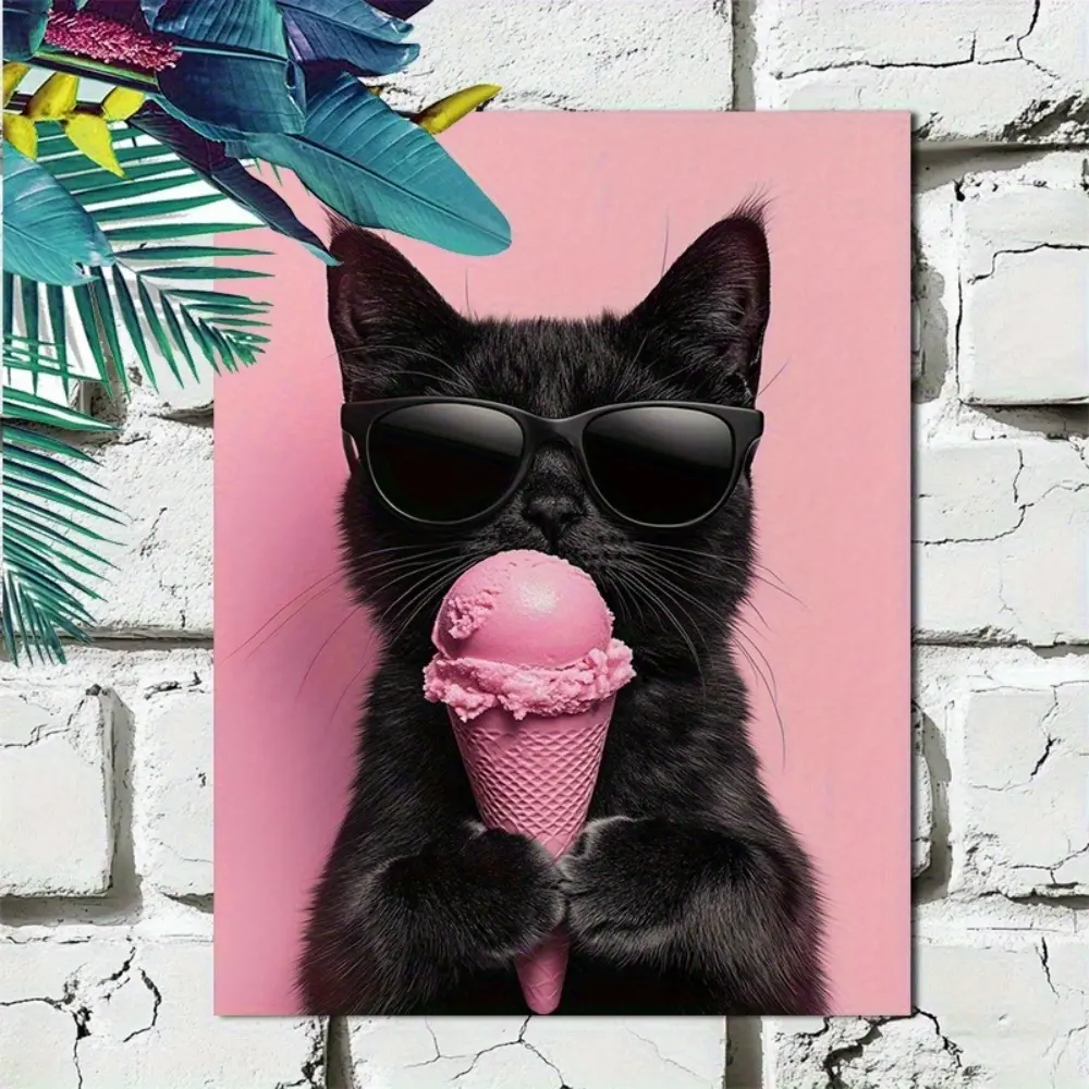 Funny Black Cat with Ice Cream & Cute Orange Cat Daisy Flowers Canvas Wall Art, 2 Options, Quirky Animal Print for Bedroom Living Room, Aesthetic Cat Lover Gift, Trendy Pink and Vintage Nature Decor#catlovergift #cuteanimalart #canvaswallart