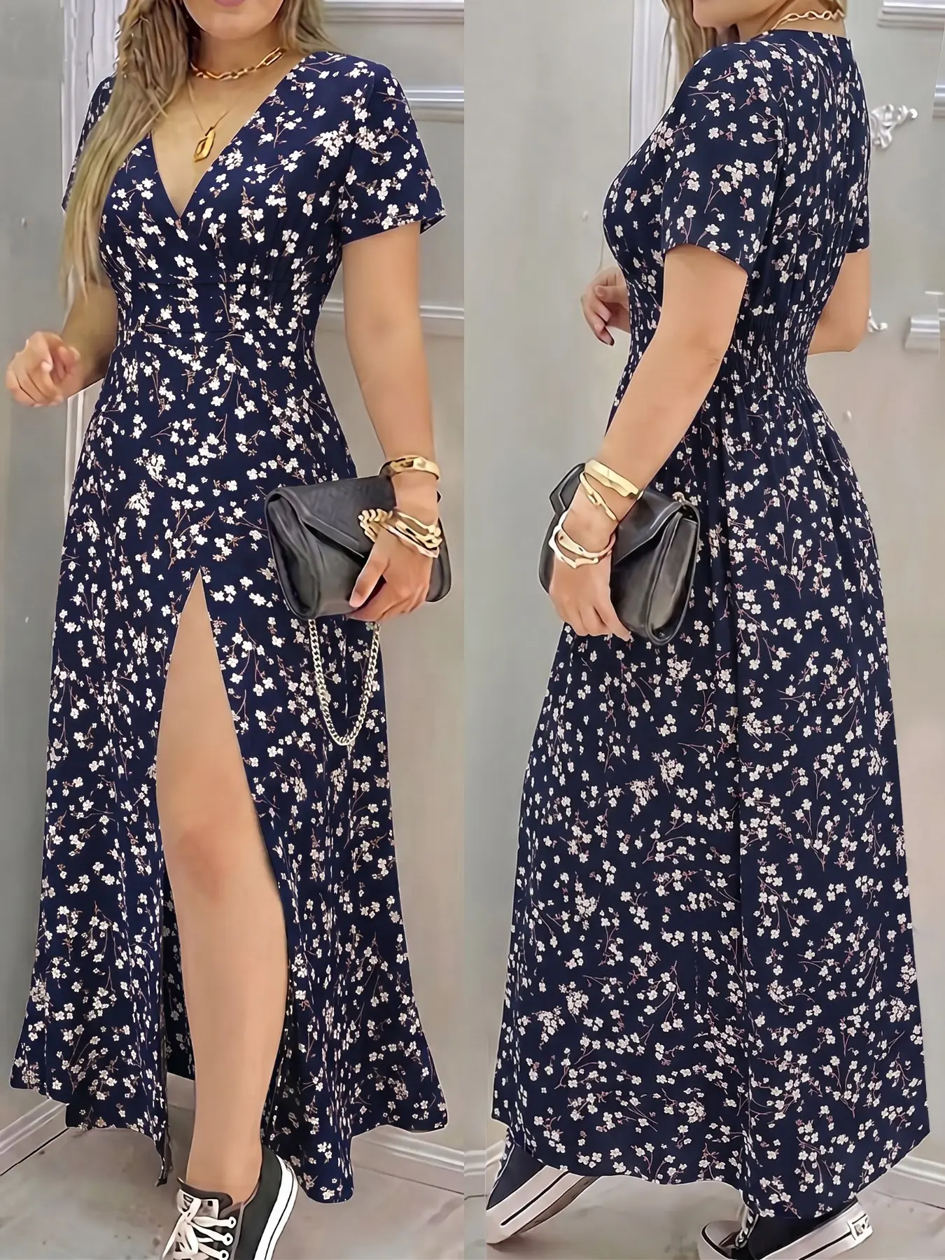 Elegant Chic Bohemian V-Neck Floral Print Dress, Summer Short Sleeve Waist-Cropped Split Design, Perfect for Casual Outings and Vacations