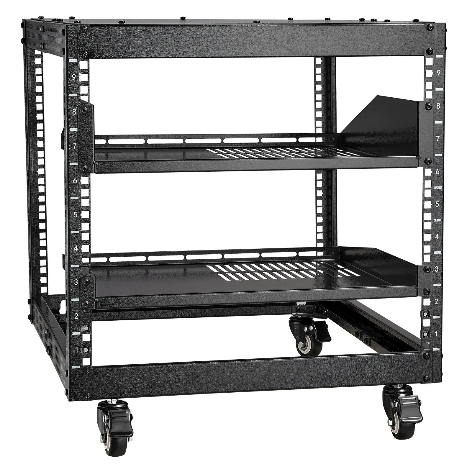 VEVOR Heavy Duty 9U Open Frame Server Rack, 23"-40" Adjustable Depth, Free Standing/Wall Mount 4-Post Rack with 360 Casters for Networking IT Equipment, AV Gear