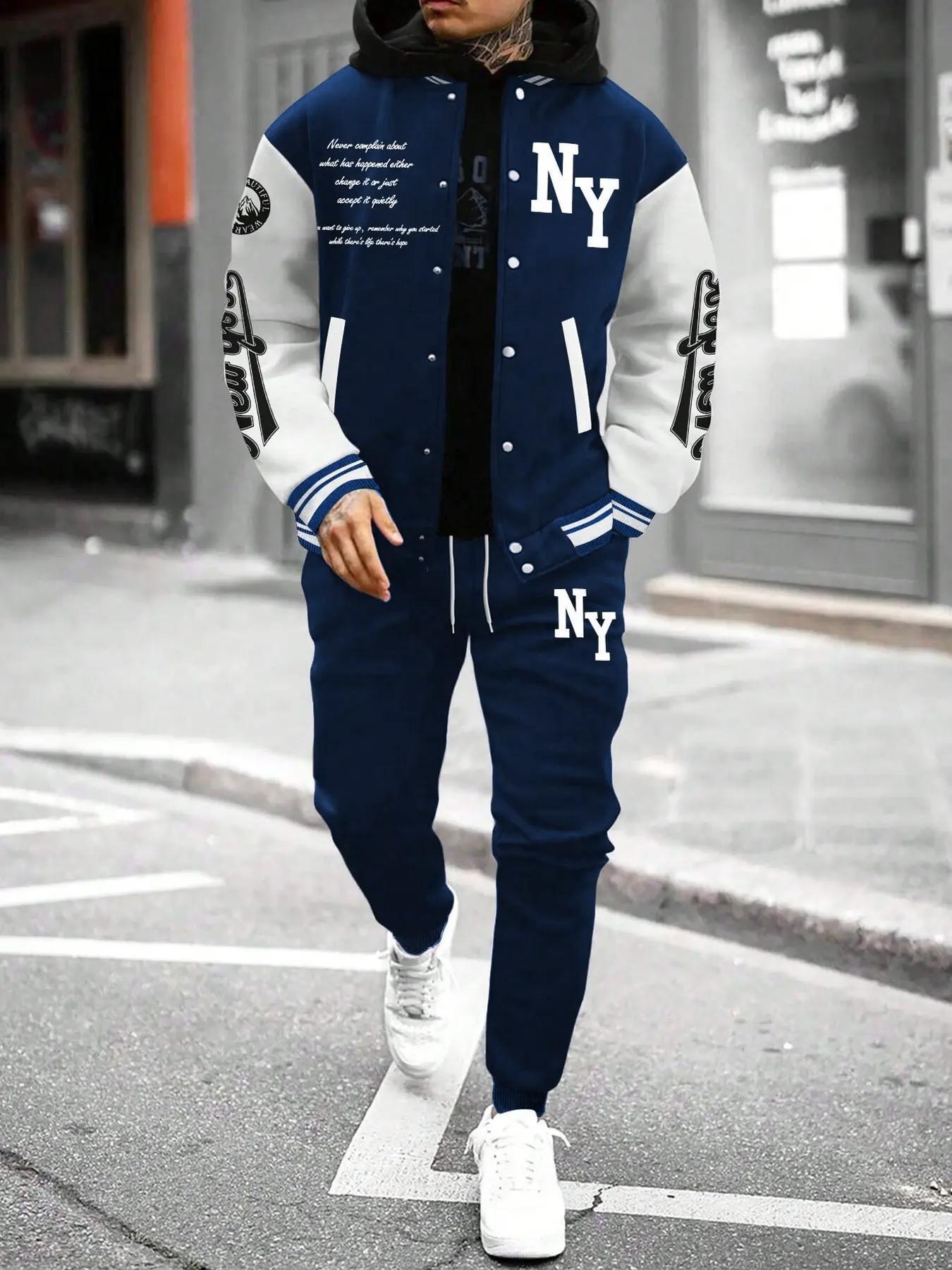 Two-Piece Set Matching Sets Men's Colorblock Letter Print Button Front Jacket & Drawstring Waist Sweatpants, Regular Fit Casual Long Sleeve Outerwear & Pocket Jogger Pants for Daily Wear, Men's Outfits for Fall & Winter