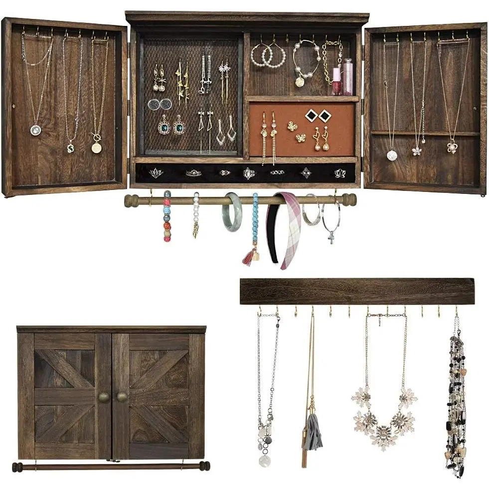 Rustic Wall Mounted Jewelry Organizer with Wooden Barndoor Decor,Wooden Wall Mount Holder,Jewelry holder for Necklaces, Earings, Bracelets, Ring Holder. Includes matching hook organizer (Rustic)