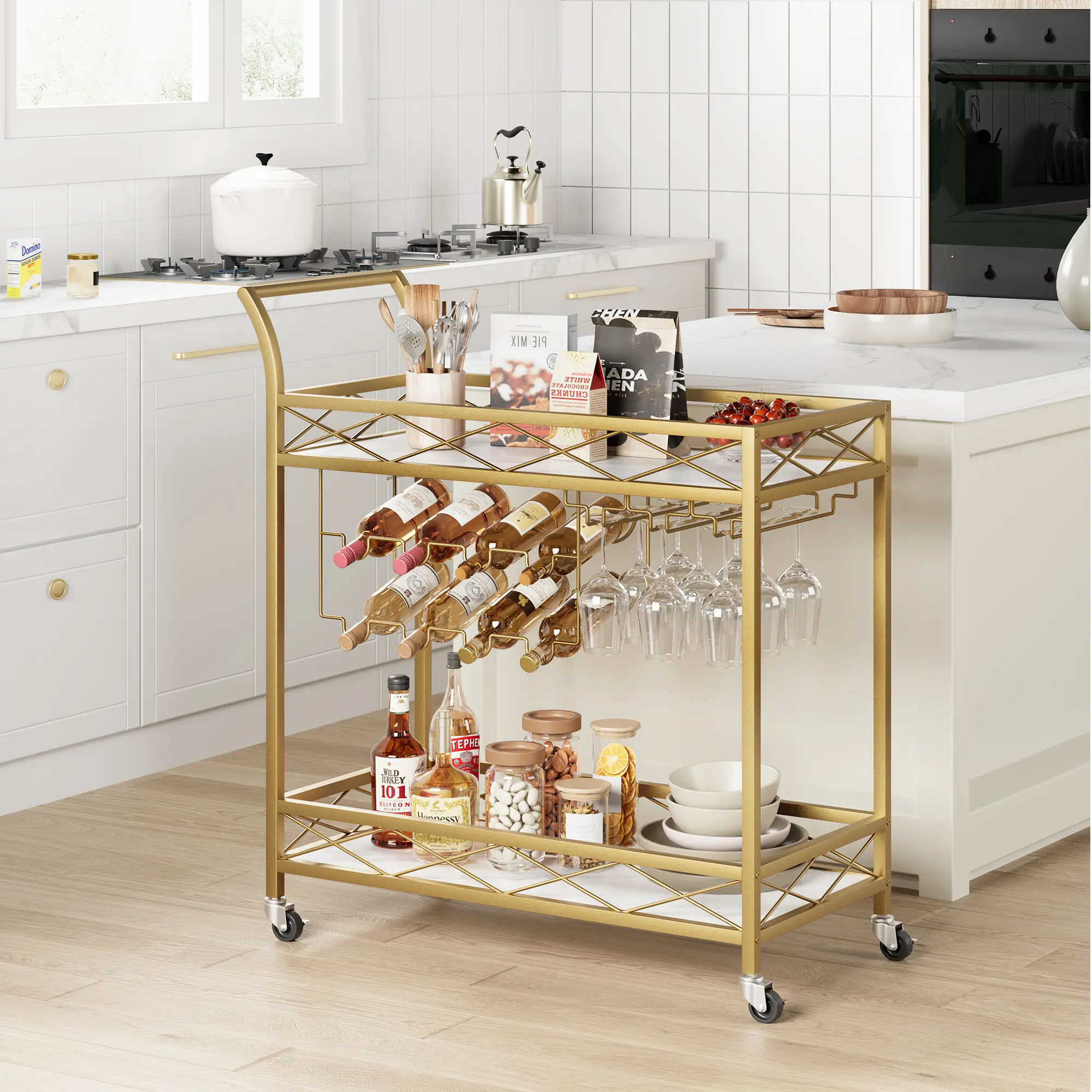 Rolling Bar Cart with Wine Rack and Stemware Holder, Mobile Serving Station on Casters with Marble Style Shelves, Home Bar Furniture for Kitchen, Dining, or Living Room