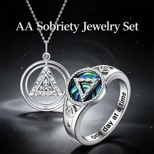 AA Sobriety Jewelry Set for Women Zinc Alloy Rotatable Spinner Necklace Abalone Shell Triangle Ring Inner Engraved One Day At A Time Alcoholics Anonymous Anti Stress Fidget Addiction Recovery Sober Anniversary Encouragement Gift for Her Jewelry
