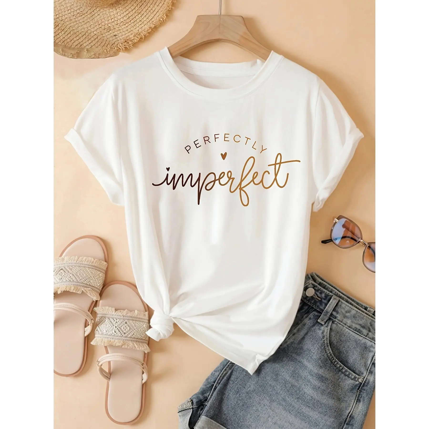 Women's 100% Pure Cotton Short-Sleeve Printed Top - Soft, Perfectly Imperfect Graphic, Inspirational Quote, Self-Love Aesthetic, Breathable Apparel, All Seasons Casual, Machine Washable, White, S-5XL, Gift for Her, Round Neck, Standard Fit