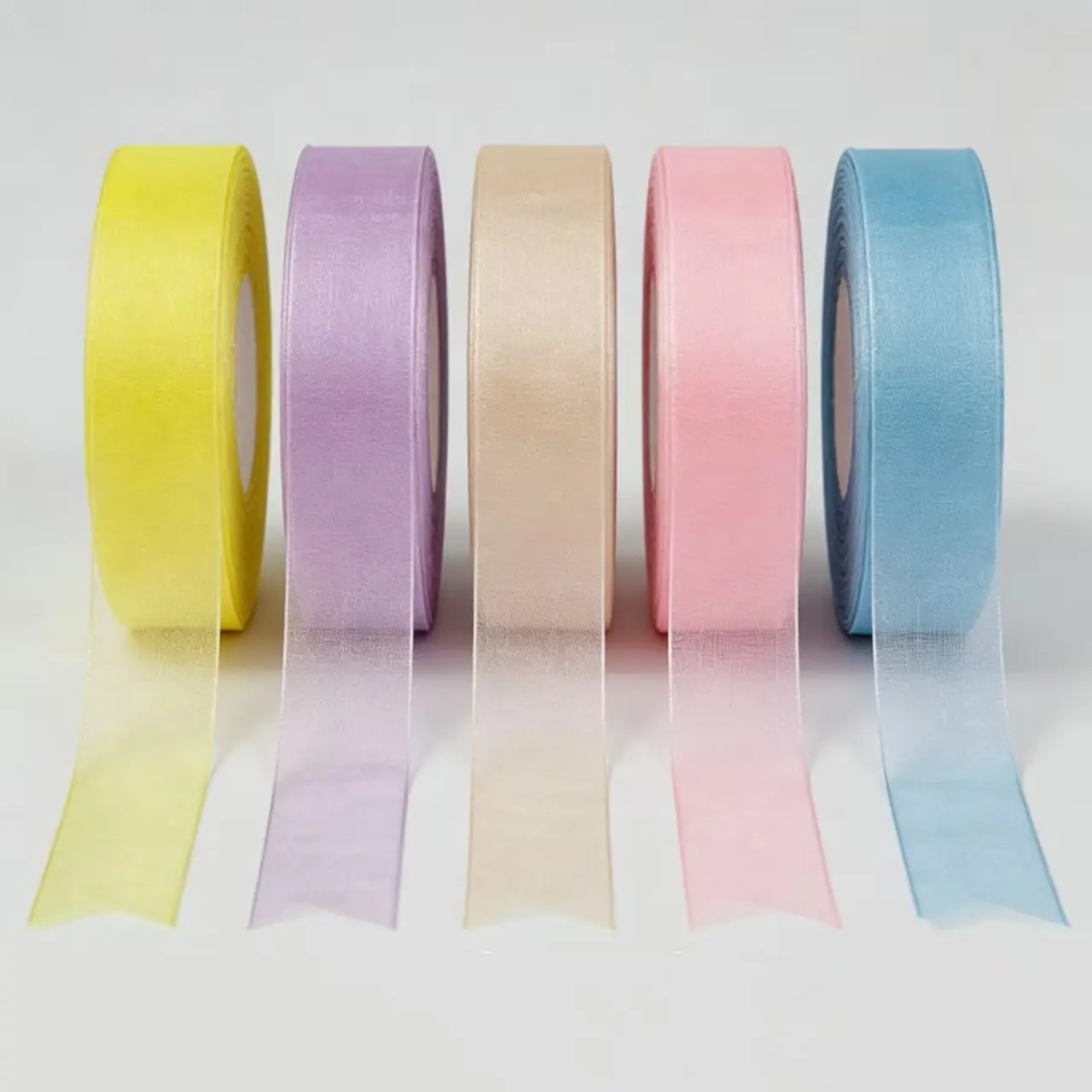 5 Rolls Sheer Organza Ribbon Set, 1 Inch x 45m (49 Yards) Each, 5 Pastel Colors (Yellow, Purple, Pink, Blue, Champagne) for Gift Wrapping, DIY Crafts, Wedding Party, Bouquet Decor