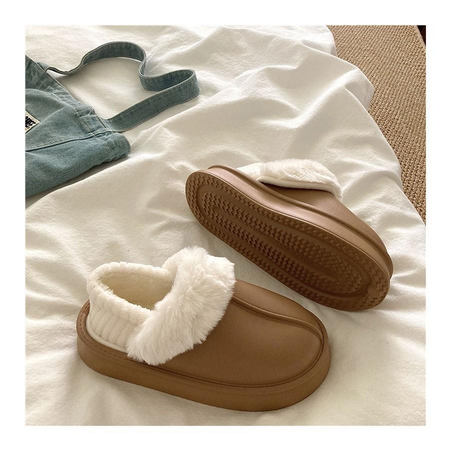 Crestar Winter Women Fuzzy Slippers New Outdoor Waterproof Cotton Shoes Warm Fluffy Home Slides Detachable Plush Cotton Slippers