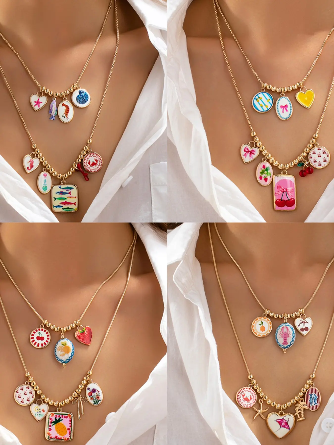 8Pcs Gold-Plated Summer Ocean-Style Layered Necklace Set with Enamel Lobster, Manta Ray, Crab, Starfish, Fruit and Cherry Pendants