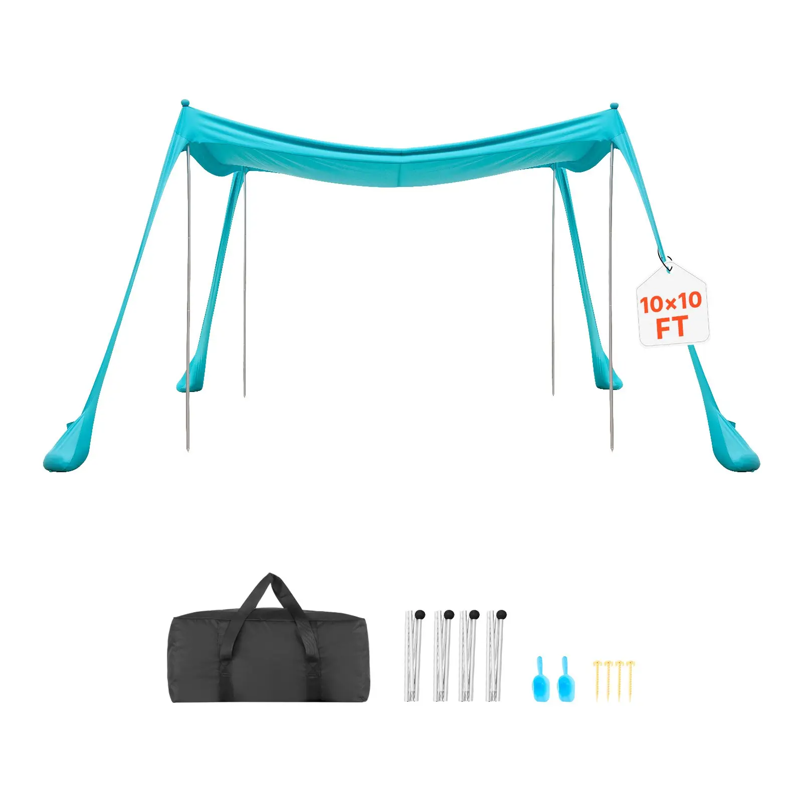 VEVOR 10x10x6.6 ft Large Beach Tent Sun Shelter with Canopy, UPF50+ Sun Protection, Lycra Fabric, Windproof Easier Set-Up Easy Install Pop-Up, 4 Sandbags, Stability Poles, Sand Shovels, Portable Outdoor Shade for Family Outings