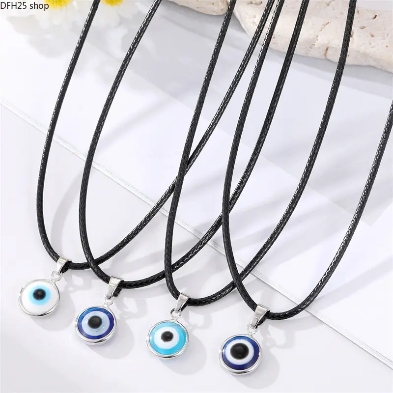Turkish Evil Eye Pendant Necklace with Black Cord, Colorful Round Eye Charm Choker for Women and Men, Lightweight Jewelry for Daily Wear