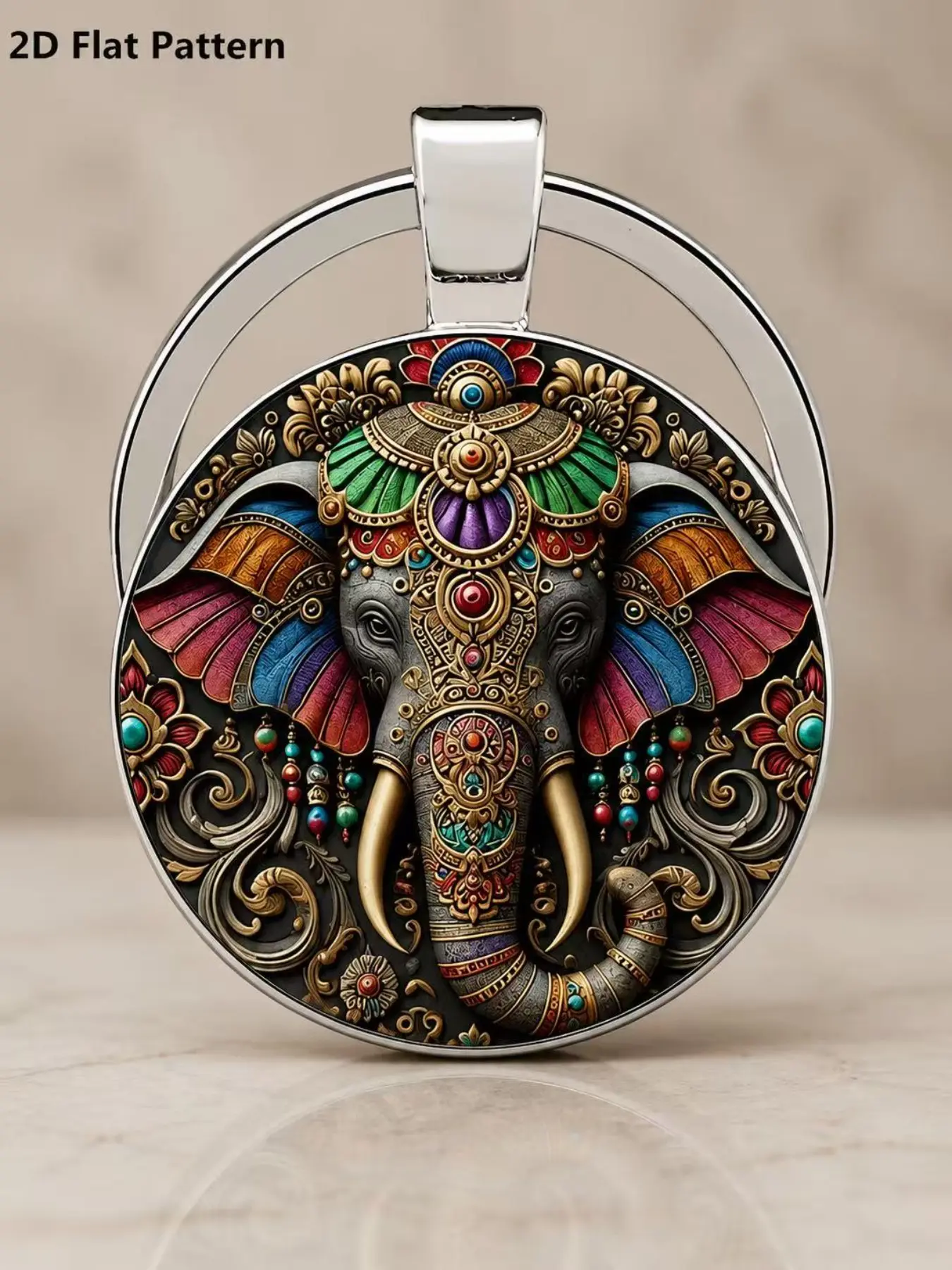 Indian Style Ivory Elephant Keychain, Durable Zinc Alloy, Floral & Geometric Patterns, Perfect Gift for 11 Festive Occasions