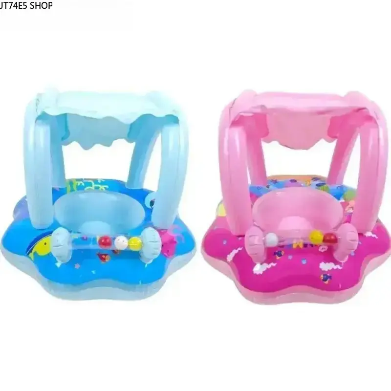 Inflatable Baby Pool Float for 6-36 Months, UPF 50+ Sun Canopy, Anti-Tip Swim Trainer with Adjustable Safety Seat & Toy Console, Summer Water Toy for Pool & Beach