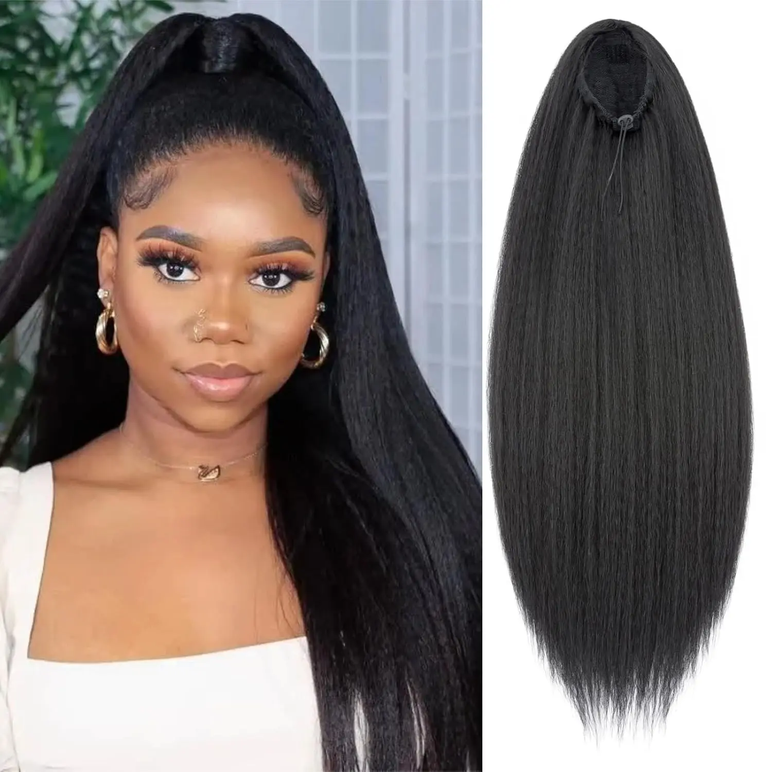 Ponytail Extension Drawstring Ponytail for Black Women, Afro Yaki Straight Ponytails Synthetic Hair Extensions, Human Hair Feeling Pony Tails Hairpiece for Daily Use (Black-Yaki Straight, 28 Inch)