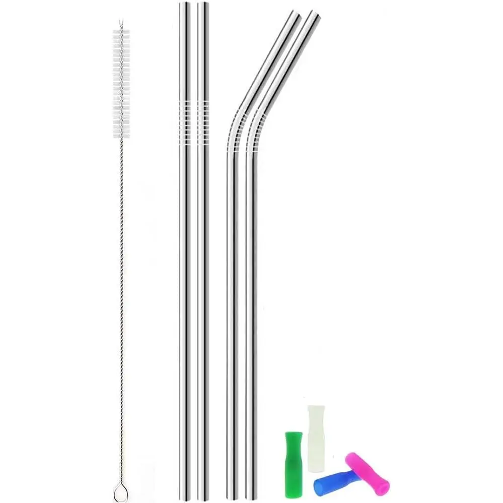Solid Metal Stainless Steel Straws Set of 4, 12 in Long Length Plastic-Free Drinking Straws with Cleaning Brush and Tips for Tall Tumblers, Set Of Four