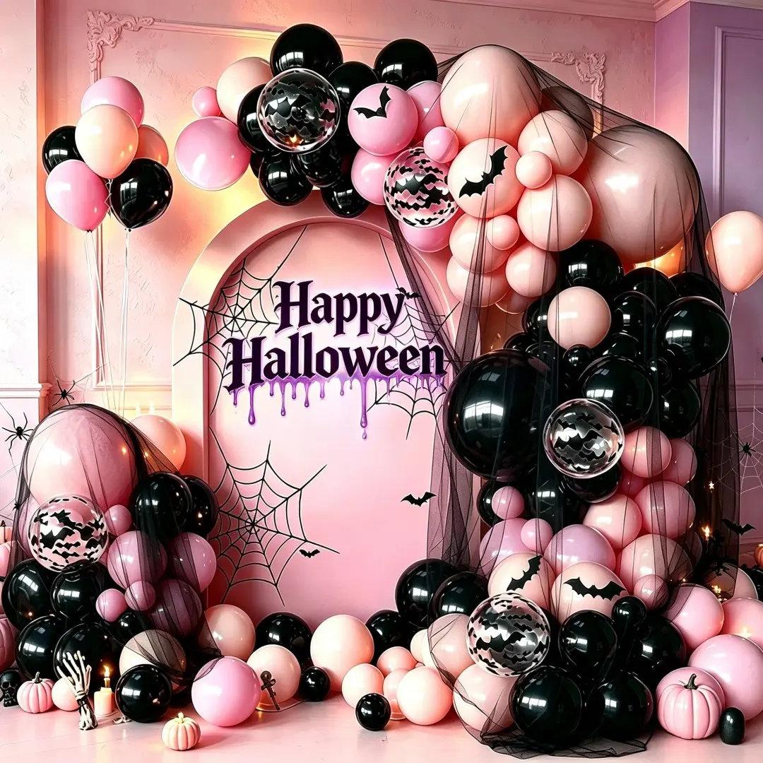 112 Halloween Balloon Wreath Set, Cute Horror Balloons with 3D Bat Stickers, Spooky Party Decor Latex Balloon Arch Kit