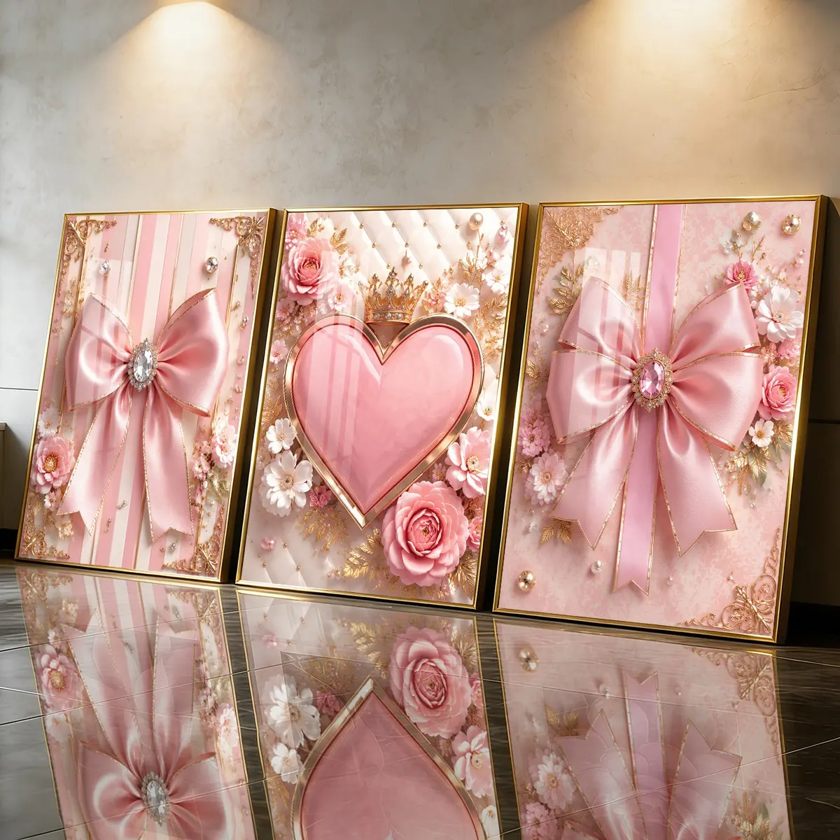 3 Count Aluminum Alloy Frame Canvas， Pink Bow Heart Flower Fashion Poster， Modern Living Room Decoration， Light Luxury Family Art， Suitable For Bedroom， Corridor And Office Wall Decor， Gift