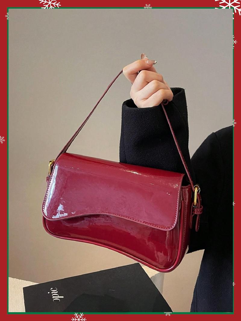 Vintage Minimalist Women's Square Bag in Wine, Crocodile Pattern PU Leather Classic Flap Shoulder Bag, Versatile for Commuting and Parties