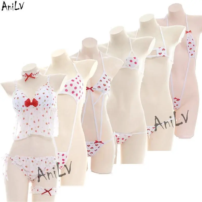 AniLV Sweetheart Strawberry Series Polyester Women's Bikini Swimsuit Set - Beach Cosplay, Cute Anime Lingerie, Pajamas Uniform with Neck Leg Loops